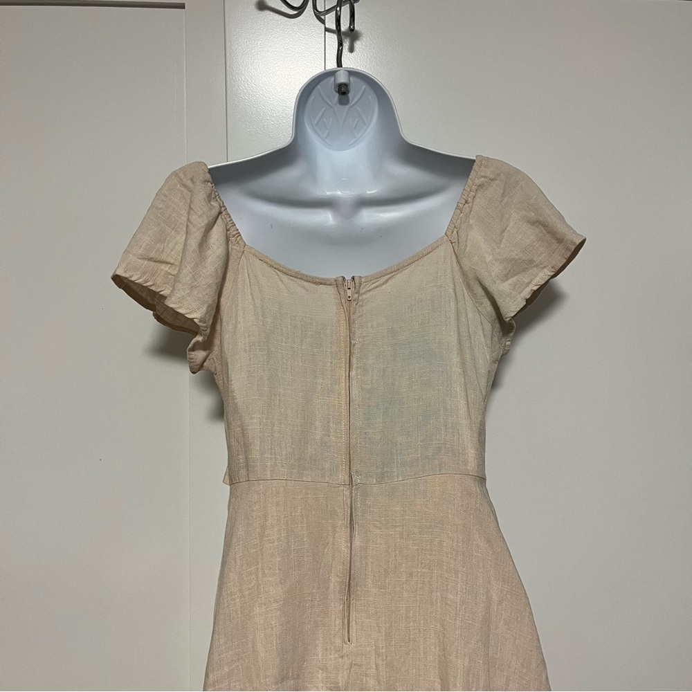 Tan Linen Mini Sun Dress Tie Front Ruffle Sleeves Line Size Small Spring Easter - Picture 7 of 10
